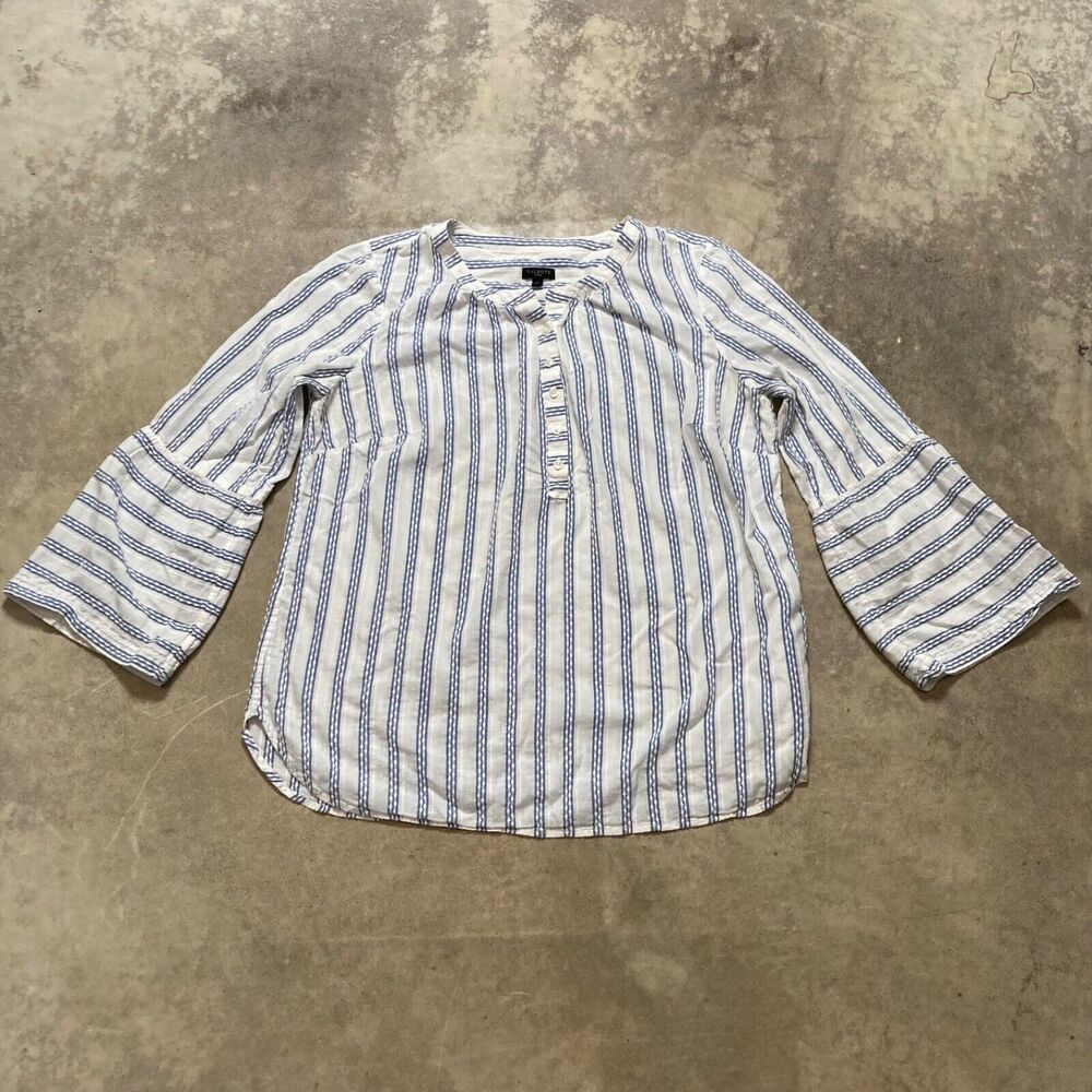 Talbots Shirt Womens XL Blue White Striped Bell Flare Sleeve Henley Blouse